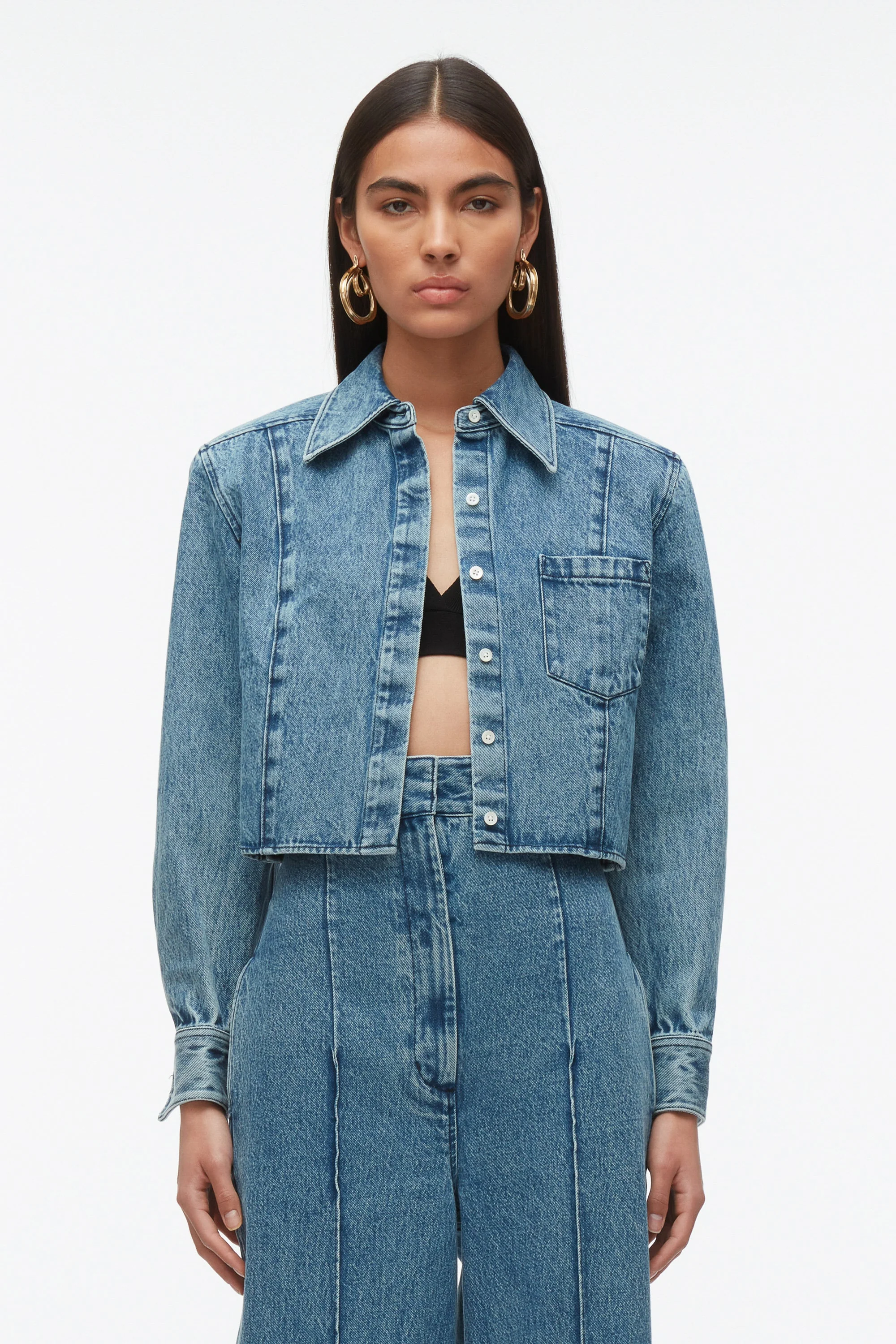 Denim Cropped Shirt with Shoulder Pads - Image 3