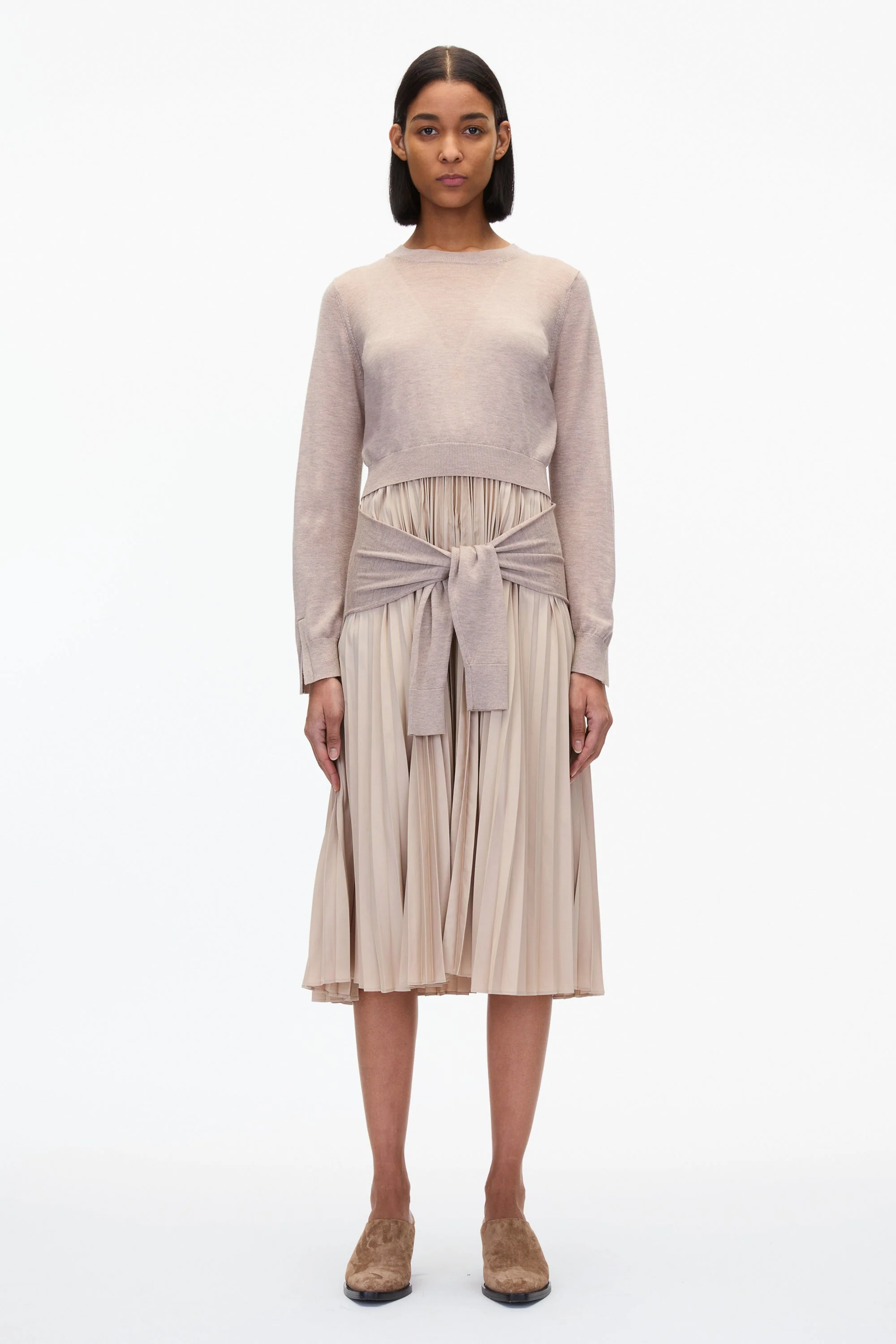 Combo Pleated Dress with Tie Waist - Image 11