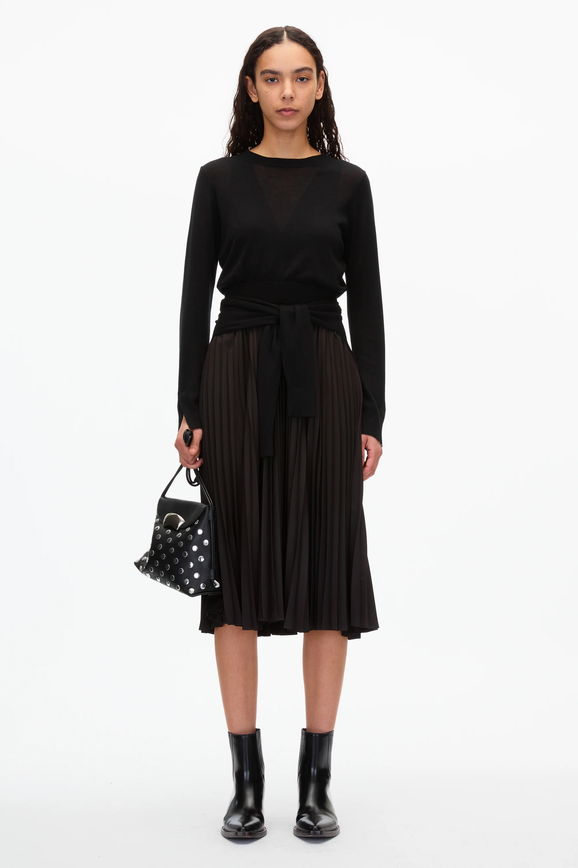Combo Pleated Dress with Tie Waist - Image 5