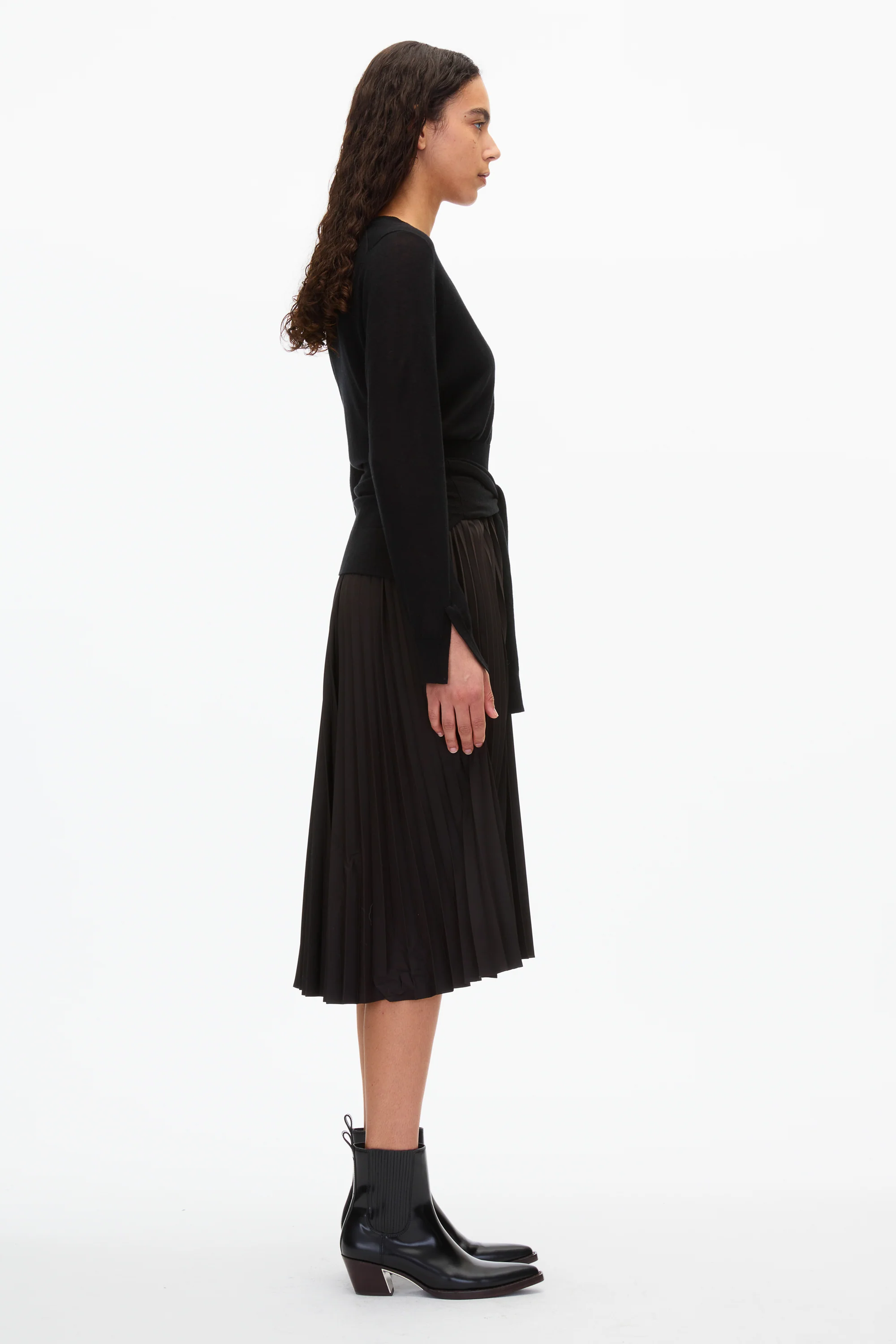 Combo Pleated Dress with Tie Waist - Image 6