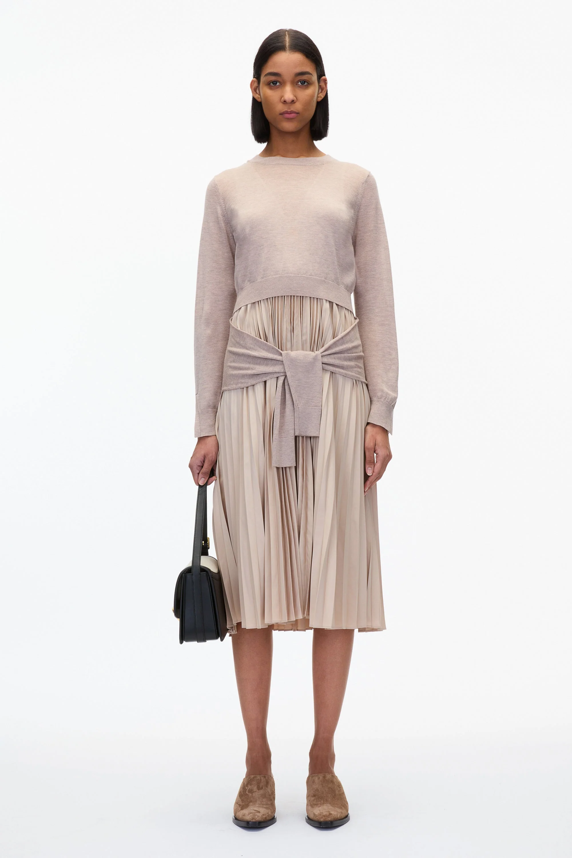 Combo Pleated Dress with Tie Waist - Image 9