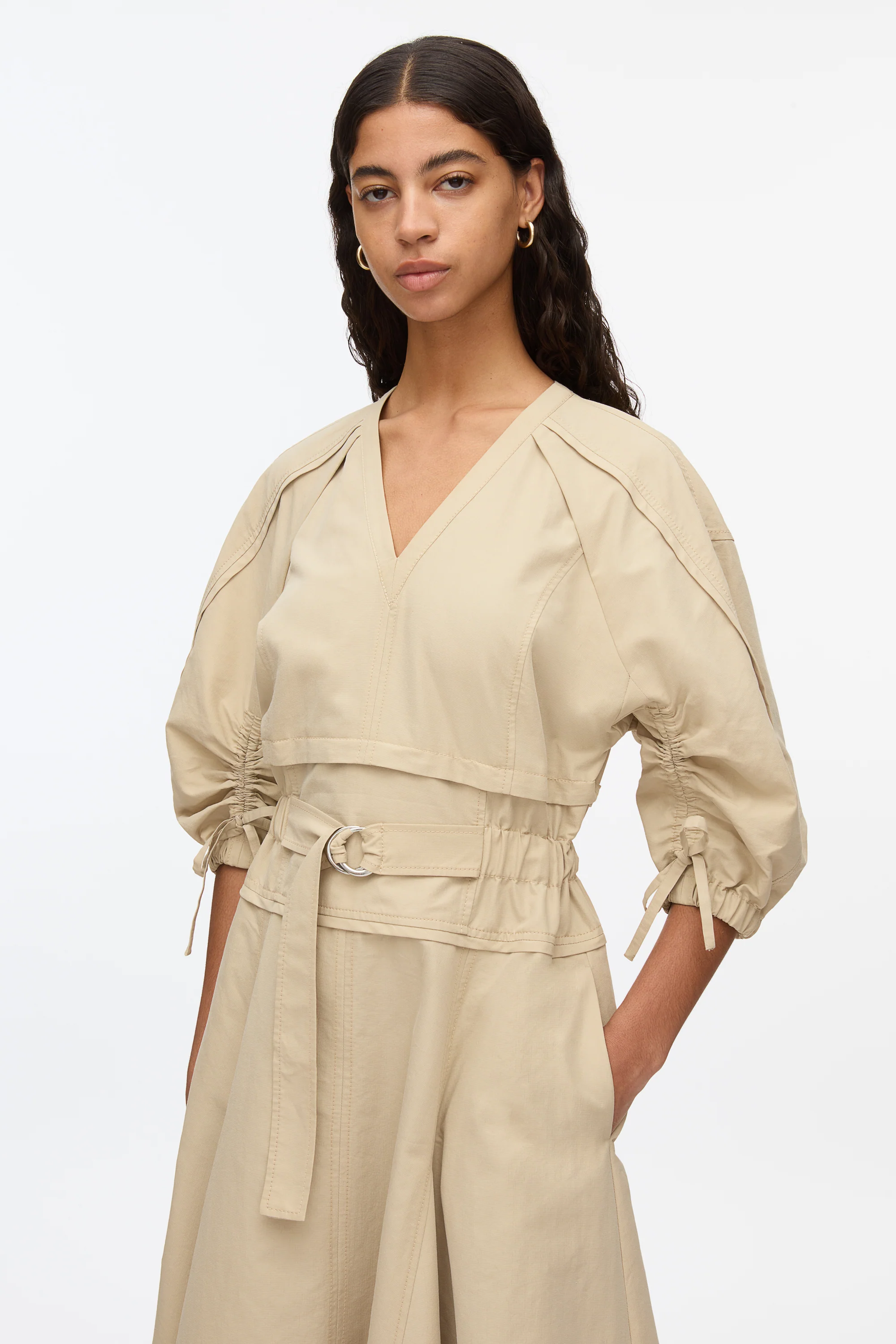 Cinched V-Neck Dress with Gathered Sleeves - Image 5